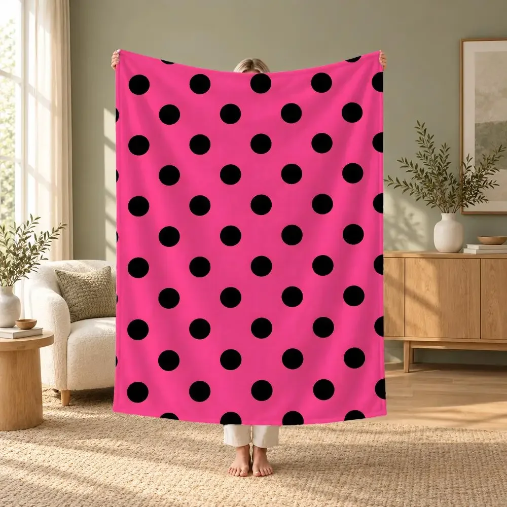 minimal Black Pink Polka Dot Minimal Throw Flannel Throw Blanket for Travel & Office, Warm Outdoor Custom Bedspread, Ideal Gift