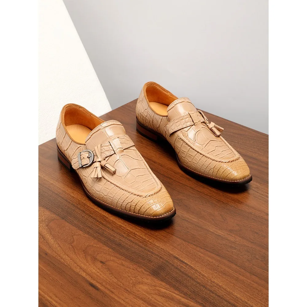 

Genuine Leather Men's Monk Shoes European Style Handmade Square Toe Slip on Light Color Formal Leather Shoes for Men Summer