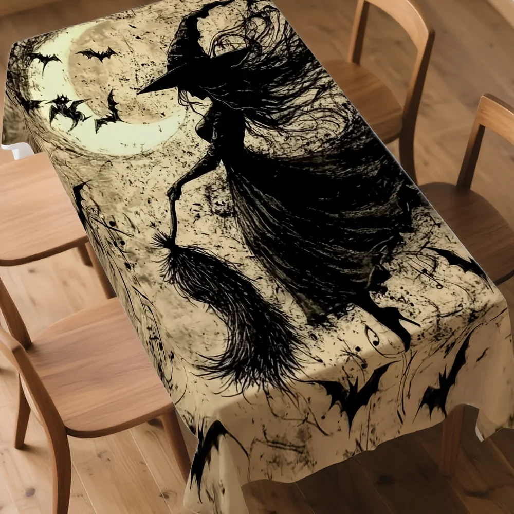 A Single Halloween-Themed Tablecloth Featuring a Witch in Flight, Perfect for Enhancing Meal Presentations yzb