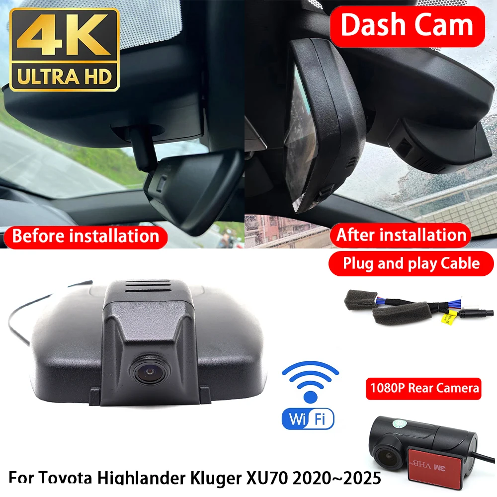 for Toyota Highlander Kluger XU70 2020~2025 4K Dash Cam Front Rear Car Camera DVR Wifi Plug & Play Video Recorder Loop Recording