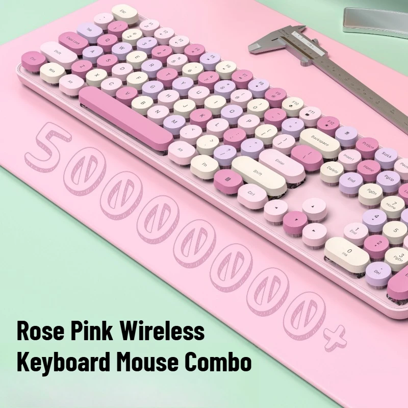 Rose Pink Wireless Keyboard Mouse Combo 2.4G Retro Cute All-in-One Keyboard and Mouse Set High-Appearance Keyboard for Girls