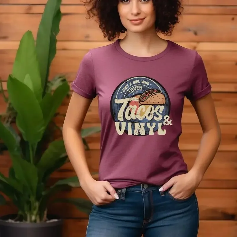 Just A Girl Who Loves Tacos And Vinyl T Shirt Retro Music Lovers Taco Tuesday