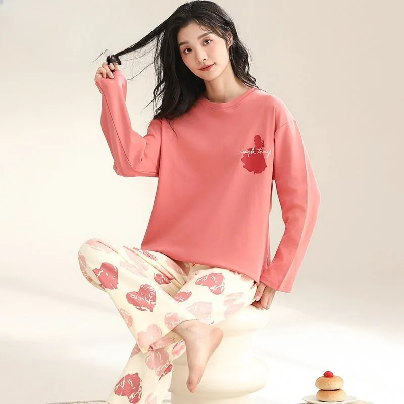 Pure Cotton Pajamas para Women, Round Neck, Long Sleeve, Casual Sleepwear Set, Loose Homewear, Solid Color, New, Spring e Autumn, 2022