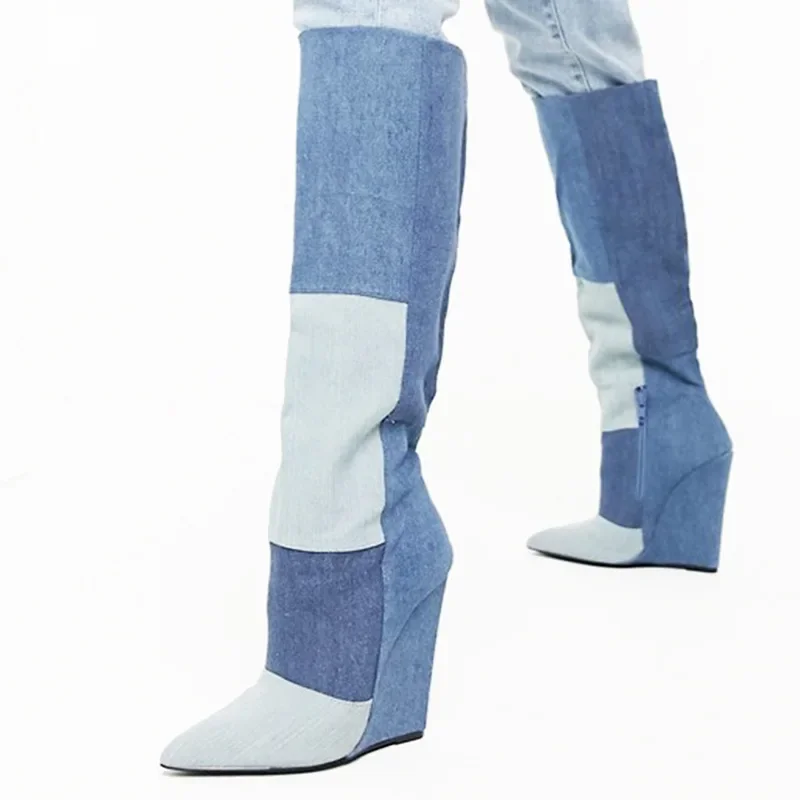 New Fashion Designer Stretch Boots Denim Patchwork Big Size Snow Boots Denim Splicing Pointed Toe Wedges Zapatos Mujer