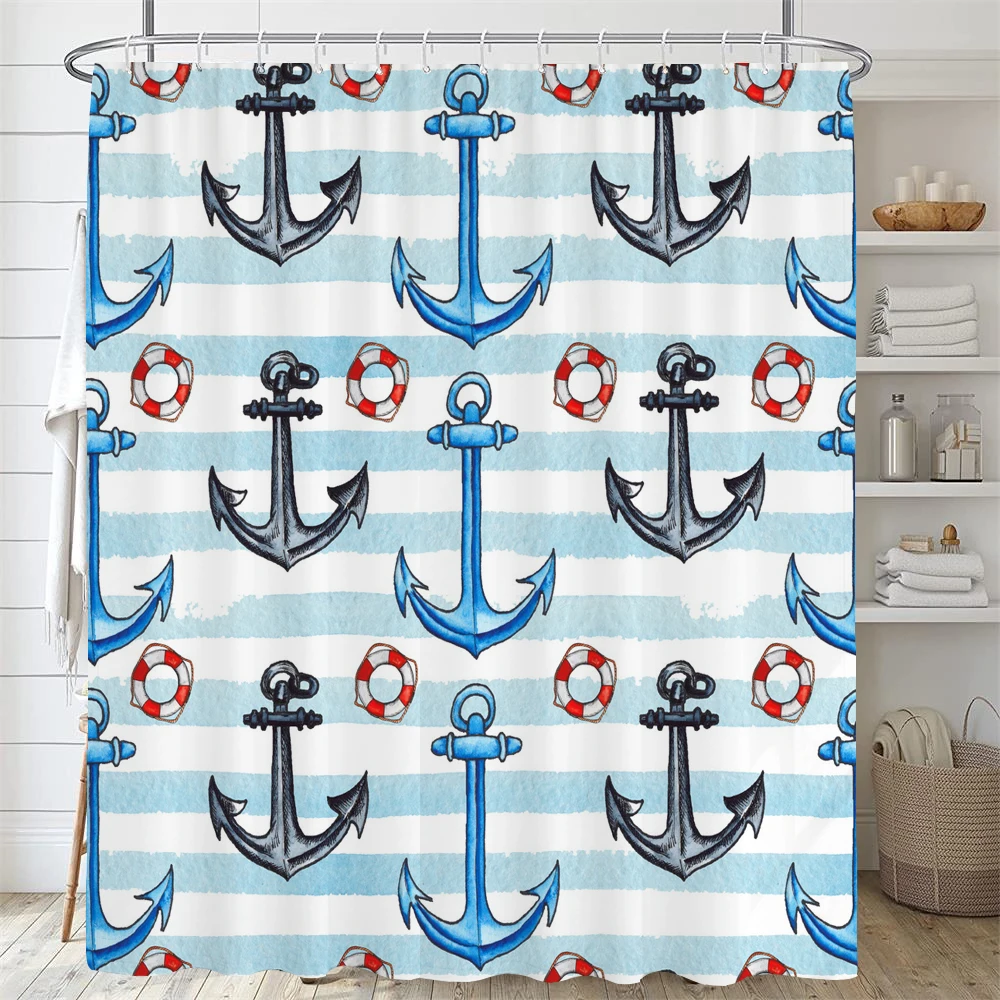 

Blue Ocean Anchor Shower Curtain with Hooks Ocean Cartoon Shower Curtains Polyester Cloth Waterproof Bathroom Curtains