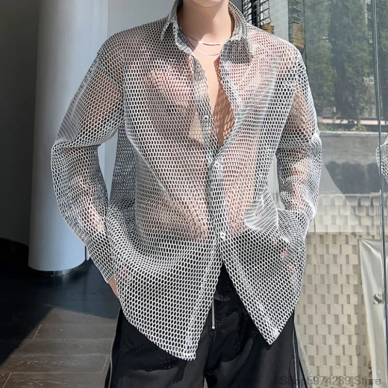 

Transparent Mesh Shirt Hollow Out Jacket Personality Breathable Youth Fashion Long Sleeve Tops Men Lapel Party Clubwear