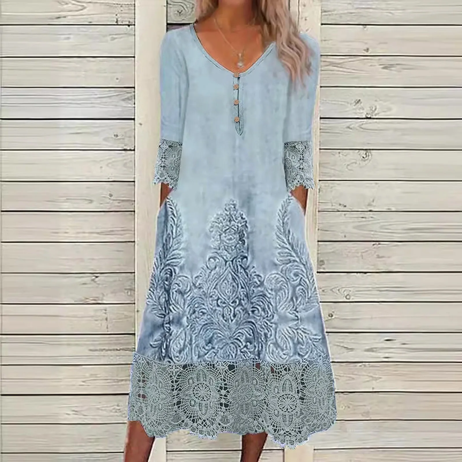 Women\'s Casual Embroidery Patchwork Long Dress Summer V-Neck Half Sleeve Solid Maxi Dress Pockets Lace Hollow Dresses Vocation