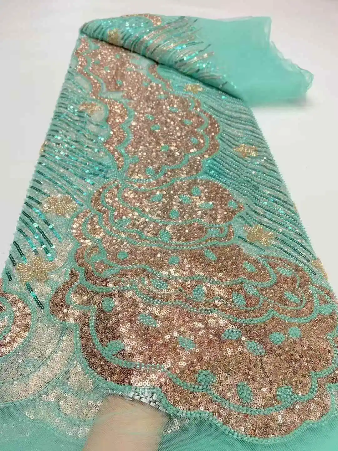 

African Sequins Beaded Lace Fabric Nigerian Groom Embroidery High Quality French Tulle Lace Fabric For Bridal Wedding-DP