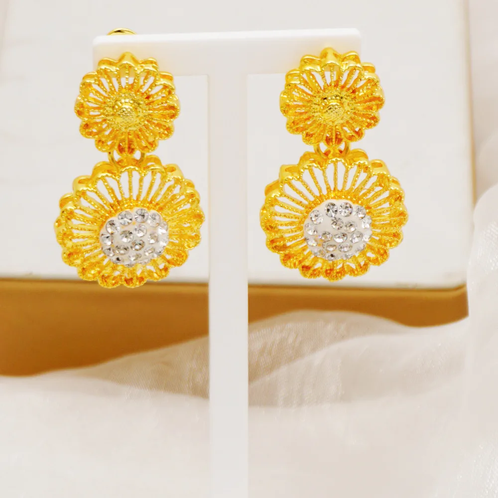 Women AU999 24K Gold Hollow Flower 4PCS Jewelry Set, Necklace Bracelet Earrings Ring Light Luxury Matching Ornaments