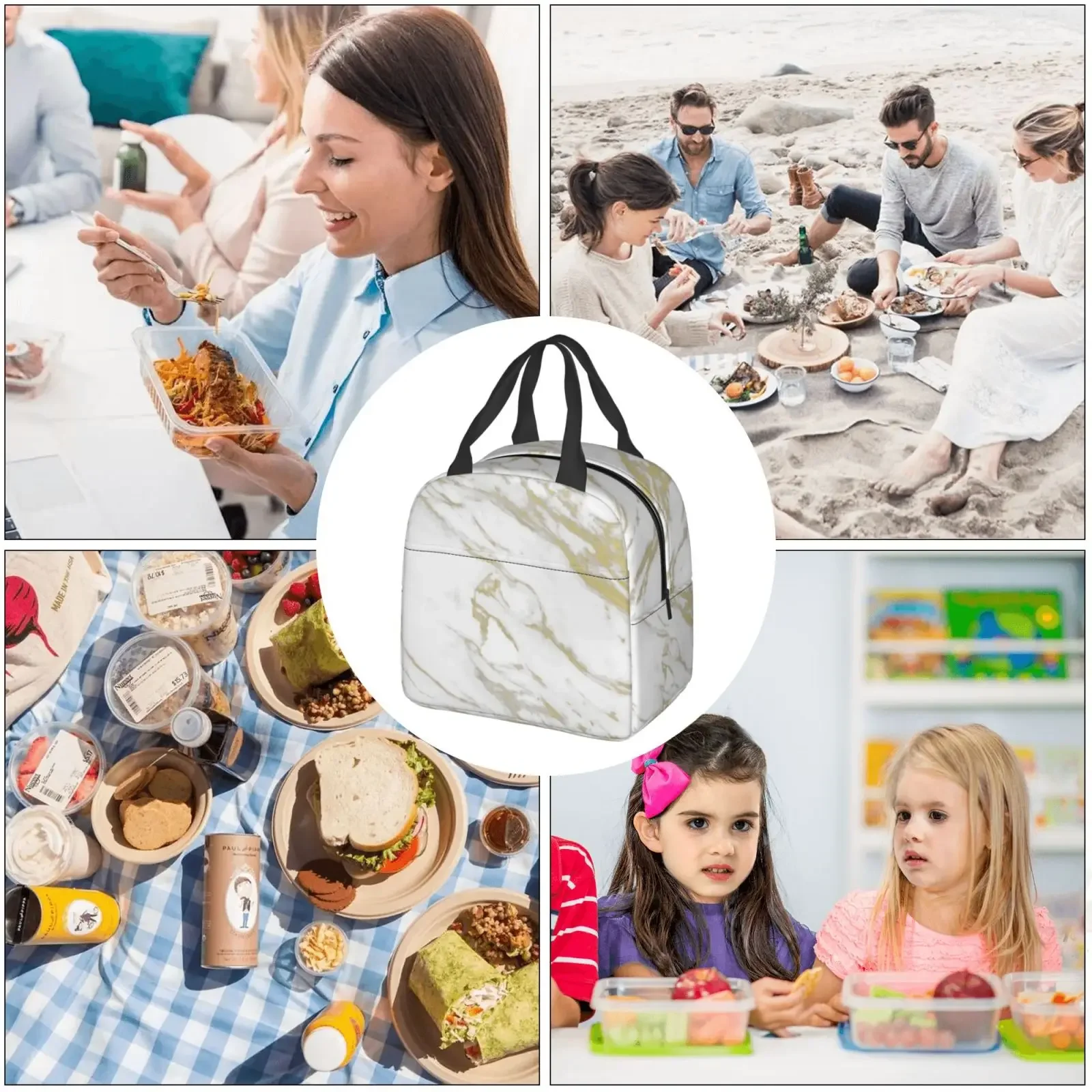 Texture Marble Print Insulated Lunch Bag for Women Men Portable Thermal Cooler Insulated Lunch Box Picnic Travel Food Tote Bags