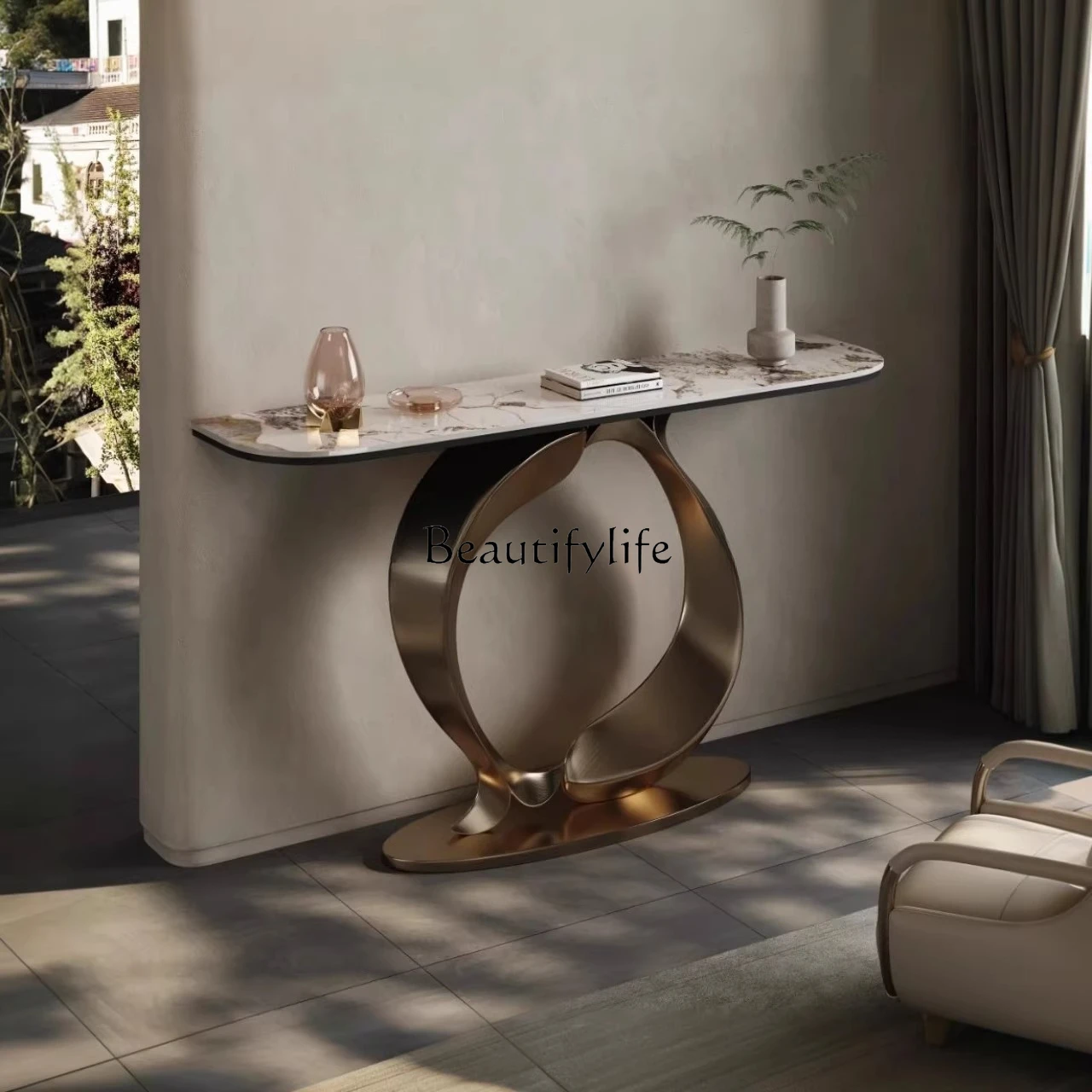 

Italian Minimalist Entryway Table Light Luxury Wall-Mounted Storage Rack Simple High-End Stone Entryway Table
