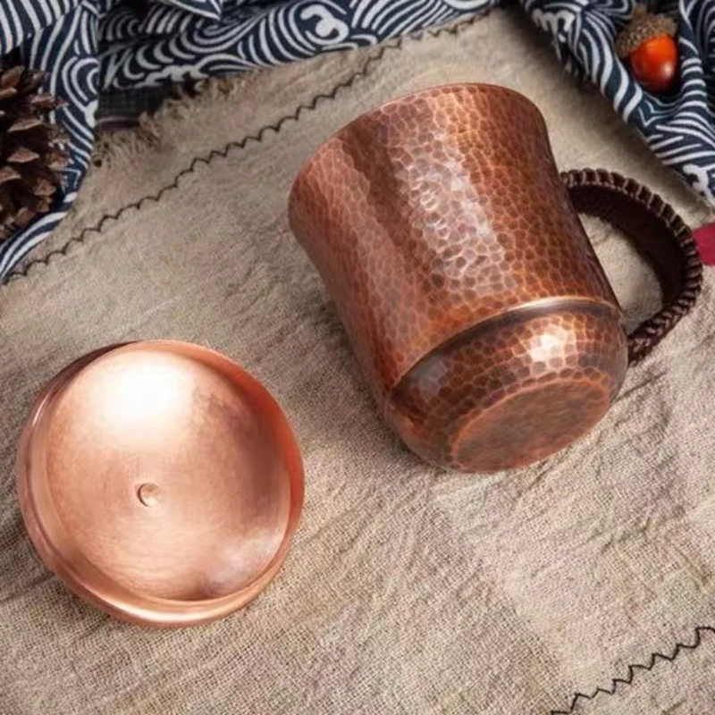 Vintage Pure Copper Coffee Cup,With lid Mug Moscow Mule Tumbler Thickened Hammer Texture Woven Handle 500 ml Beer Mug,Tableware