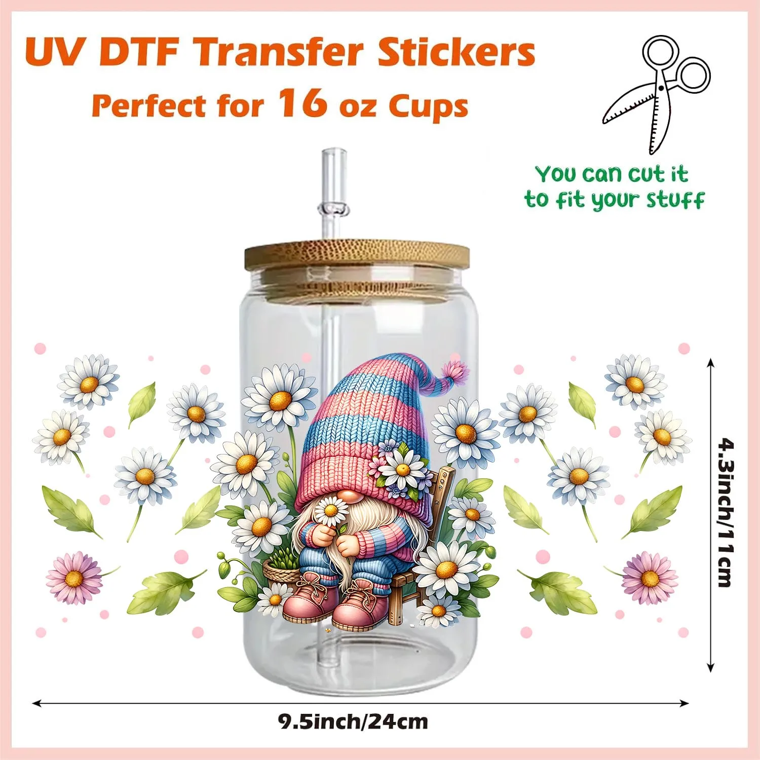 Gnome Cartoon Spring Theme UV Sticker DIY Decals 3D transfers uvdtf tumbler seal stickers 16oz uv dtf cup wraps