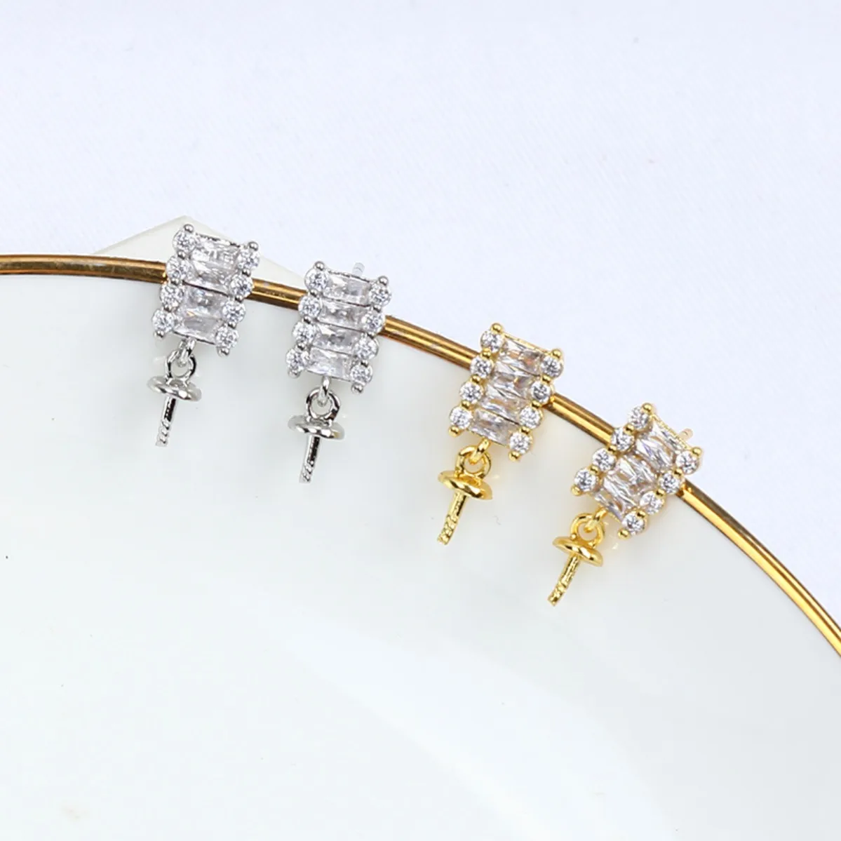 Elegant Women Brass 14K Gold Filled Tiny CZ Blank Setting Handmade Findings For DIY Pearl Stud Earring