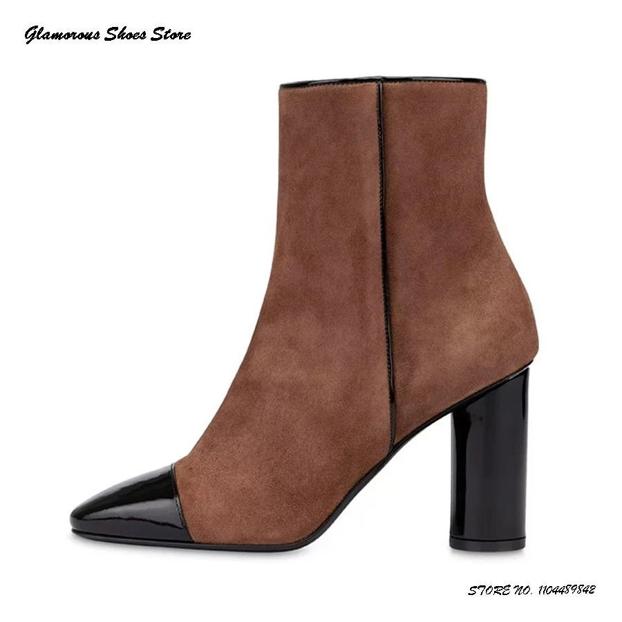 

Patchwork Faux Suede Ankle Boots Women's Square Toe Chunky Heel Plus Size Shoes Spring Autumn Elegant Side Zipper Booties