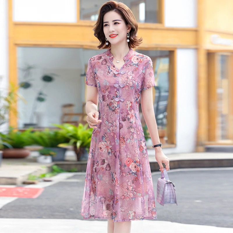 新款夏季优雅妈妈连衣裙，中年女性短袖半身裙