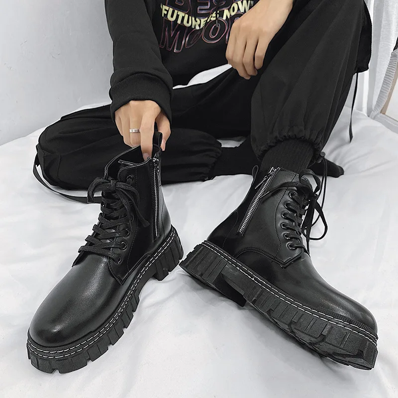 Botas masculinas de tendência em couro PU, tênis de cano alto, tênis punk de motocicleta masculino, estilo de rua casual, moda ao ar livre, nova