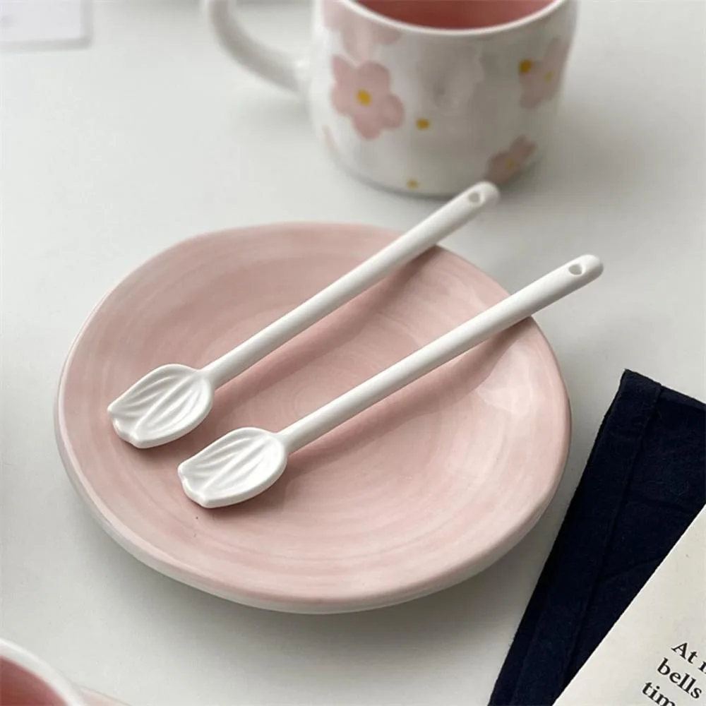 Pure White Coffee Spoon New Household Tulip Shape Stirring Rod Relief Ins Style Ceramics Dessert Spoon