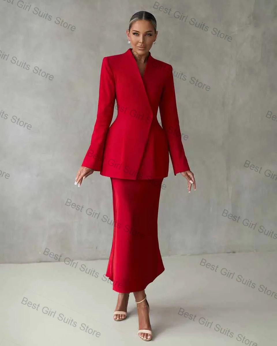 

Red Women Suit Skirt Set 2 Pcs Blazer+Prom Dress Autumn Formal Office Lady Jacket Customized Cotton Wedding Tuxedo Party Gown