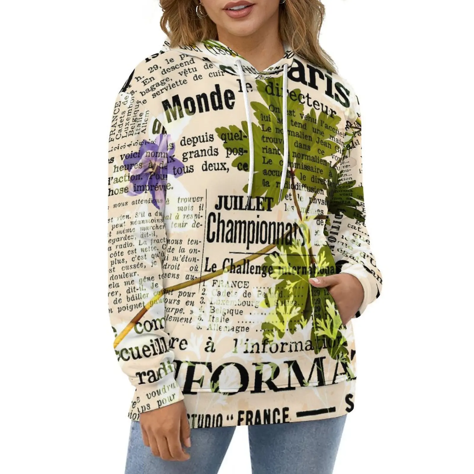 

Vintage Newspaper Hoodies Long Sleeve Herbarium Print Casual Pullover Hoodie Autumn Hip Hop Oversized Pattern Loose Sweatshirts