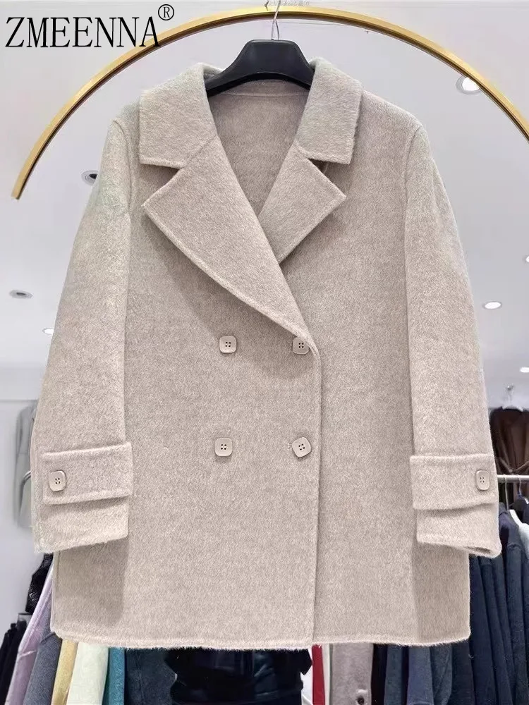 

ZMEENNA Stylish Women's Double Breasted Wool Blend Short Coat With Lapel Collar Button Cuffs Warm Chic Outerwear ZM3502