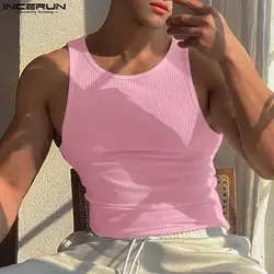 INCERUN Men Tank Tops Solid Color O-neck Sleeveless Streetwear Summer Casual Vests Skinny 2023 Fashion Leisure Men Clothing 5XL