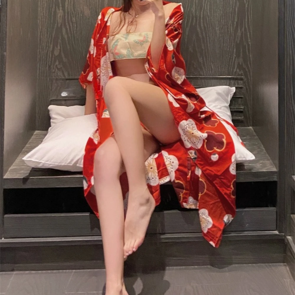 Transparent Temptation Nightgown Butterfly Print Kimono Erotic Lingerie Sexy Nightdress Backless Pajamas Woman Home Nightshirt