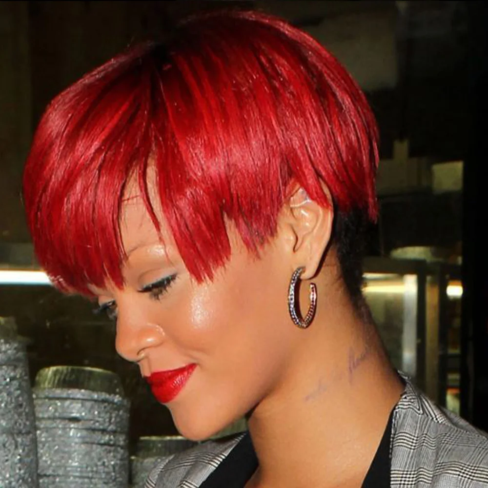 قصيرة اللون الأحمر مع الانفجارات الإنسان قصيرة عابث قطع شعر مستعار بورجوندي شعر طبيعي مفرود الباروكات البرازيلي آلة صنع عابث قطع شعر مستعار