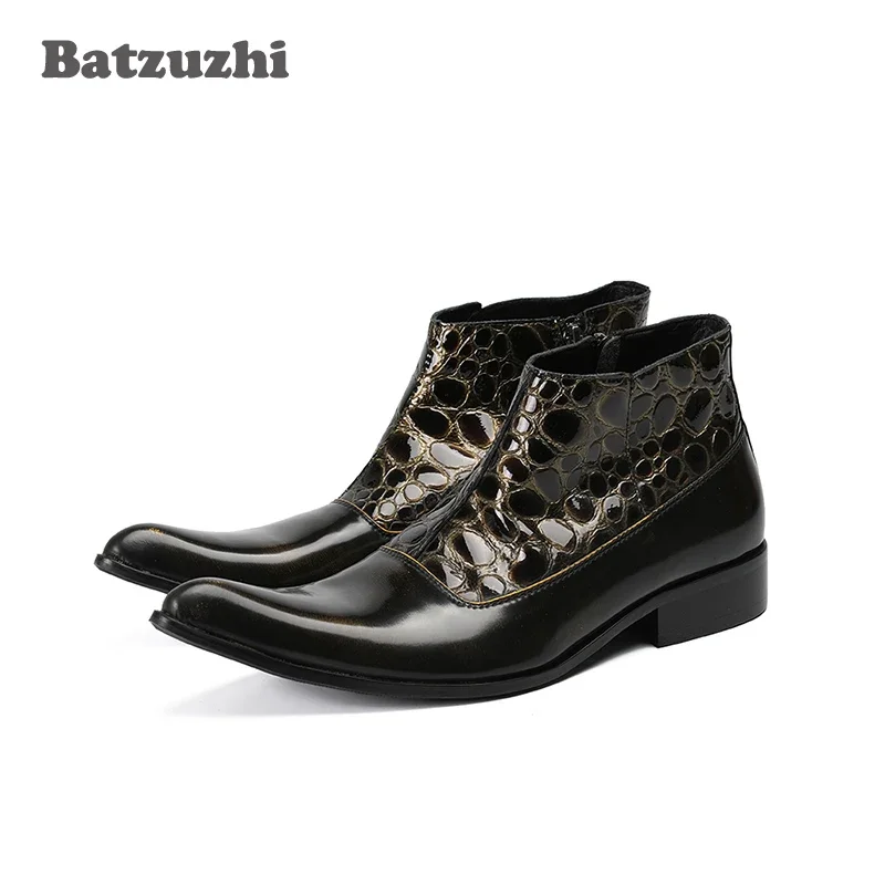 Batzuzhi Western Boots Men Zip Pointed Toe Genuine Leather Boots Men Business Dress Boots Short Motocycle Botas, Big Size US6-12