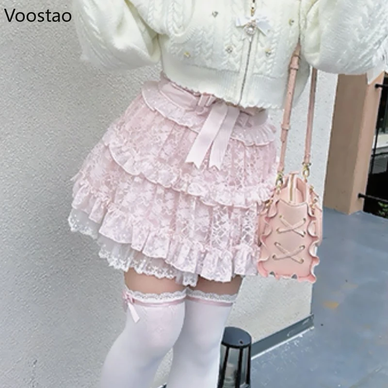 Japanese Gothic Lolita Style Mini Skirt Women Elegant Sweet Bow Mesh Lace Ruffles Short Skirts Girls Cute Y2k A-Line Cake Skirt