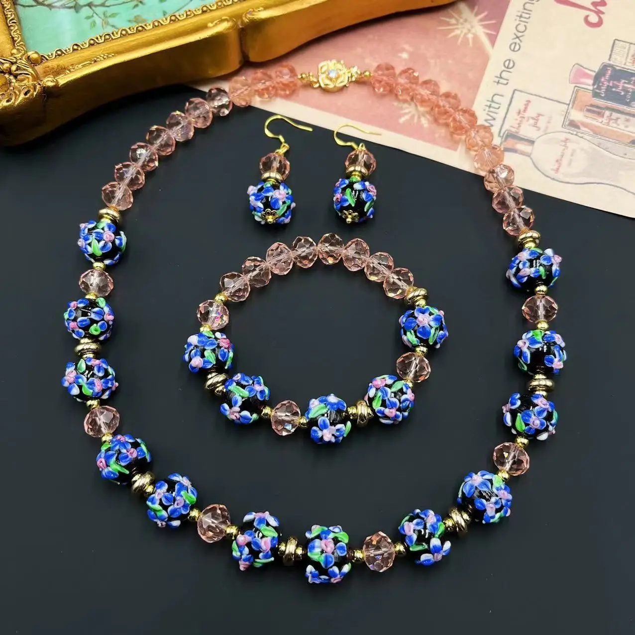 Jewelry Decoration Girl's Earring Glass Flower Print Vintage Glass Crystal Handmade Necklace Bracelet Lady's Daily Boutique