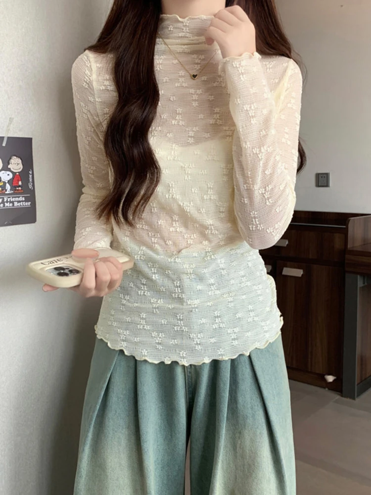 

Модная женская кружевная базовая блузка с длинным рукавом и воротником-стойкой, весна 2026, новый стиль, внутренняя одежда, приятная к телу, дышащая