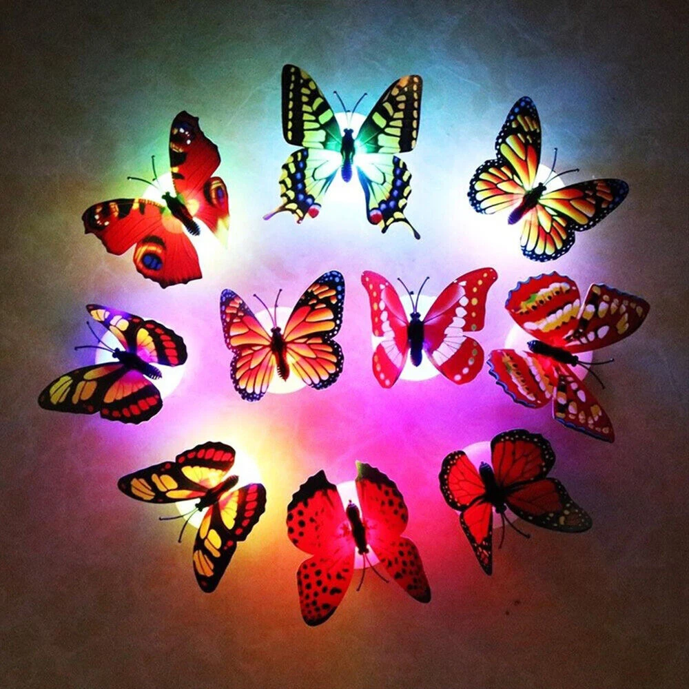 

10pcs Colorful Glowing Lovely Butterfly LED Pasteable Night Light Color Changing Lamp Home Decoration Wall Lamp Random Color