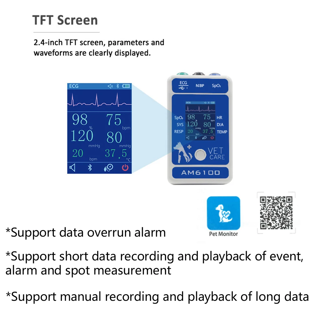 BERRY AM6100 Bluetooth Handheld Veterinary Monitor NIBP Blood Pressure Monitor Pulse Oximeter Probe Animal Circufere Pet Care