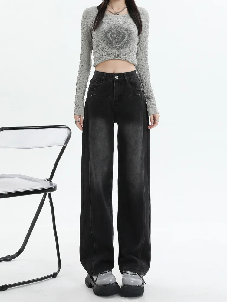 

High Waist Wide Leg Denim Jeans Women's Straight Cut Slimming Black Grey Spring New Design Sensation Floor-Length Pants