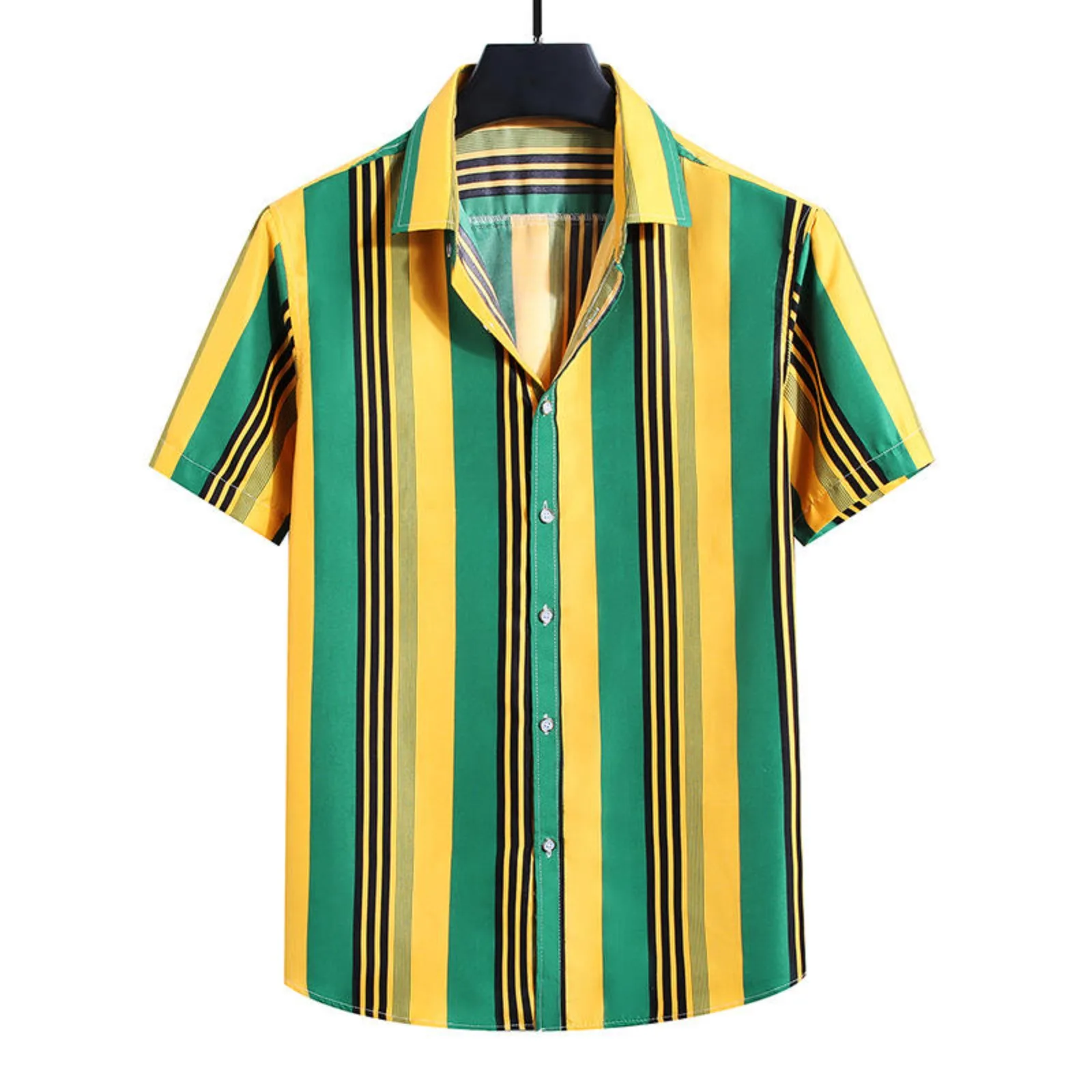 HX Fashion Men Shirts Green Yellow Striped 3D Printed Casual Tops Hawaii Beach Shirts Summer Short Sleeve Tees Camisas