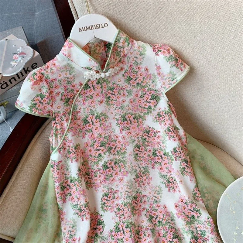 

Hanfu Baby Girl's Dress New Style Children's Floral Ancient Slim Fitting Little Girl's Short-sleeved Cheongsam Dress