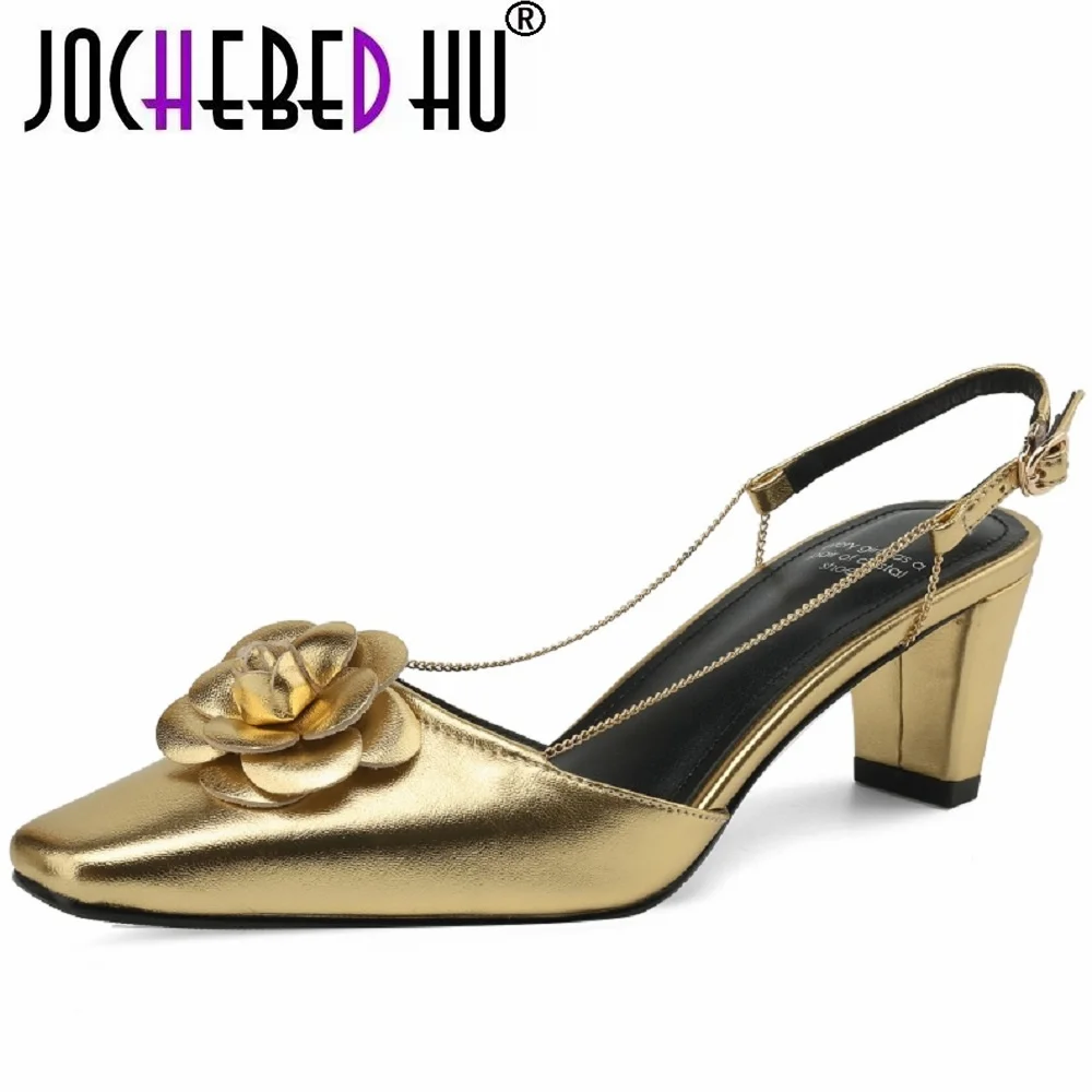 

【JOCHEBED HU】Women's Genuine Leather Pumps flower Slingbacks Medium Heels Lovely Sweet Shoes Woman Spring Summer 33-40