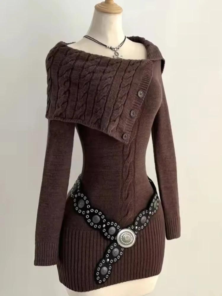 بلوزات غير مغطية للكتف متماسكة سترة عتيقة بني كم طويل سليم صالح تريكو البلوز الفرنسية الرجعية Y2k الخريف الشتاء وتتسابق 2025 #5