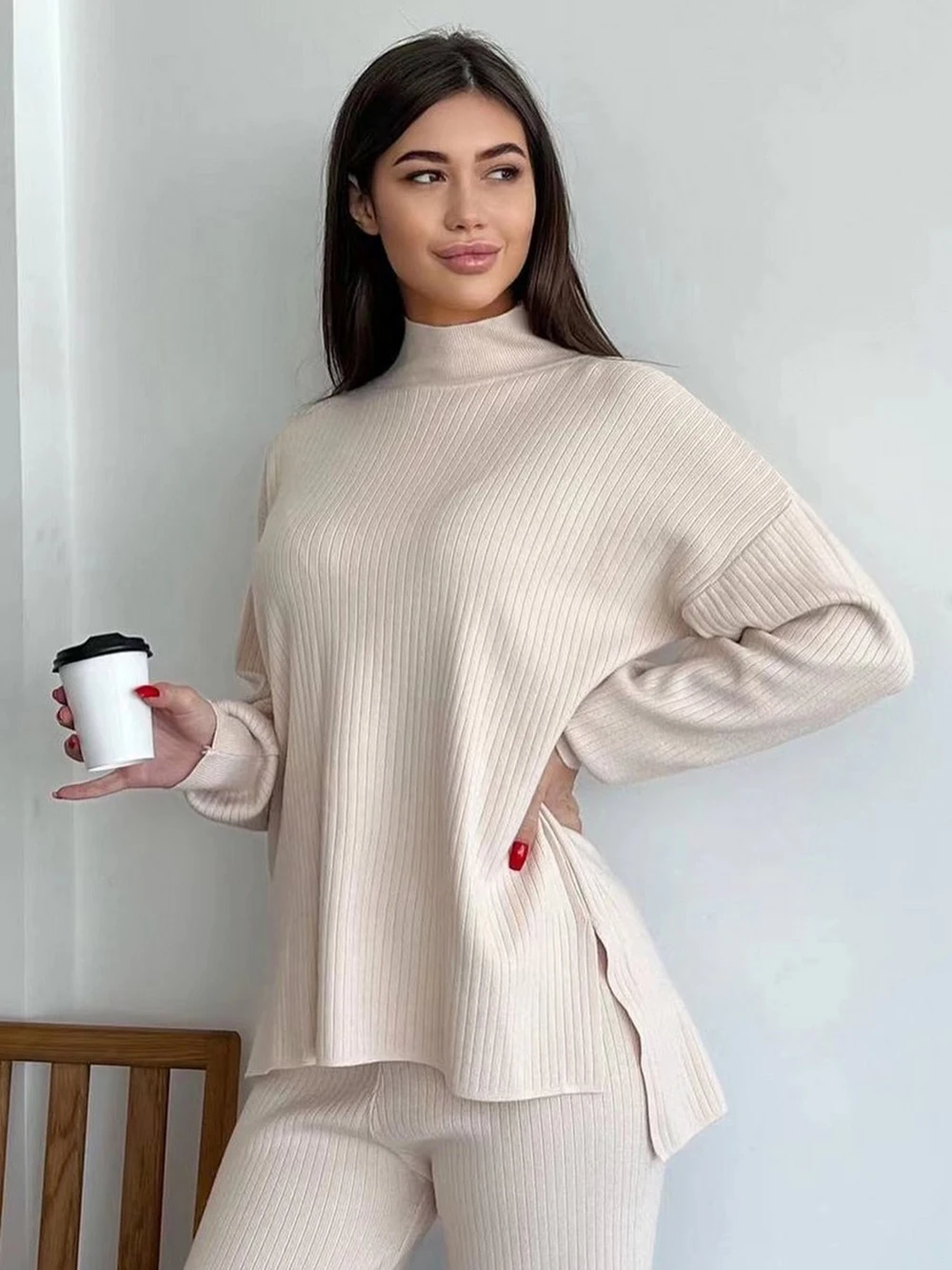 Wixra Women Knitted Suits Solid Mock Neck Full Sleeve Split Sweater+High Waist Straight Trousers Casual 2-Piece Sets