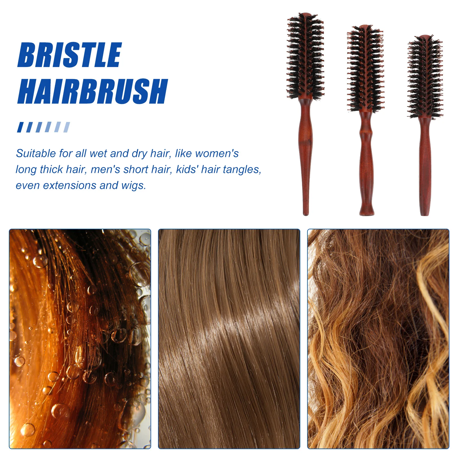 

3Pcs Round Boar Bristle Hair Brush Natural Wood Handle Detangling Styling Curling Hairbrush for Salon Home Use Scalp Massage