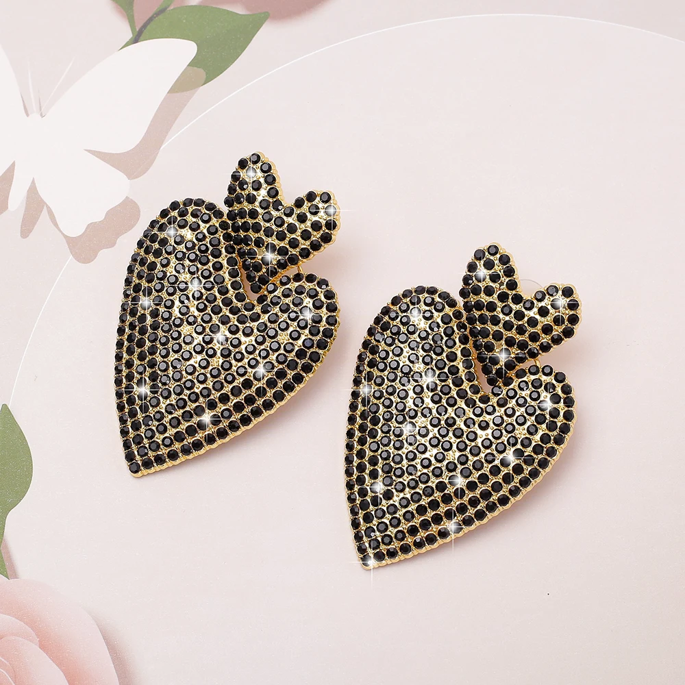 Metal Inlaid Rhinestone Large Dangle Drop Heart Earrings For Women Vintage Elegant Valentine Day Gift Ladies Stud Jewelry