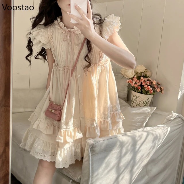 Mini vestido Kawaii Lolita para ninas japonesas Vestidos de princesa de manga voladora con volantes de encaje Vestidos coreanos informales dulces para mujer AliExpress