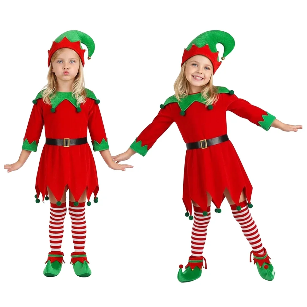 

New Christmas Elf Costume Set Red Santa Claus Helper Carnival Banquet Dress Holiday Party Dress Cute Kawaii Fall and Winter Suit