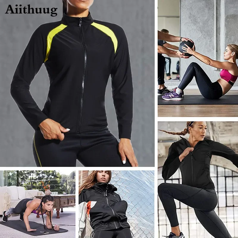 Aiithuug Sauna Jacket for Women Sweat Suits Weight Loss Suits Gym Workout Long Sleeve Sweat Top Shaper for Women with Zipper