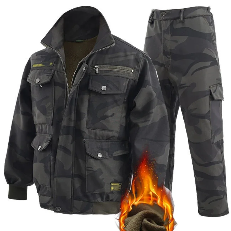 Veludo resistente ao desgaste dos homens camuflagem roupas de trabalho, roupa lazer, roupa do seguro do trabalho, exterior, inverno