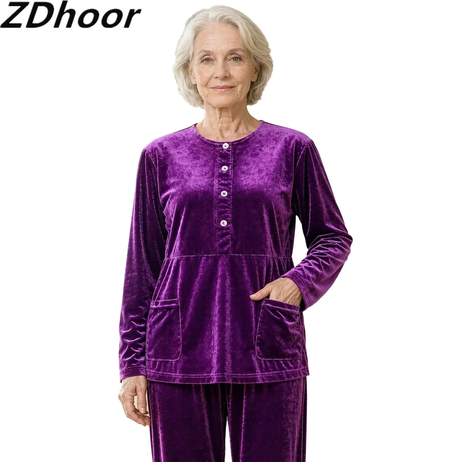Women Adaptive Velvet Top Long Sleeve Press Buttons Open Back Tops with Pockets for Elderly Nursing Home Recovery Casual Outing
