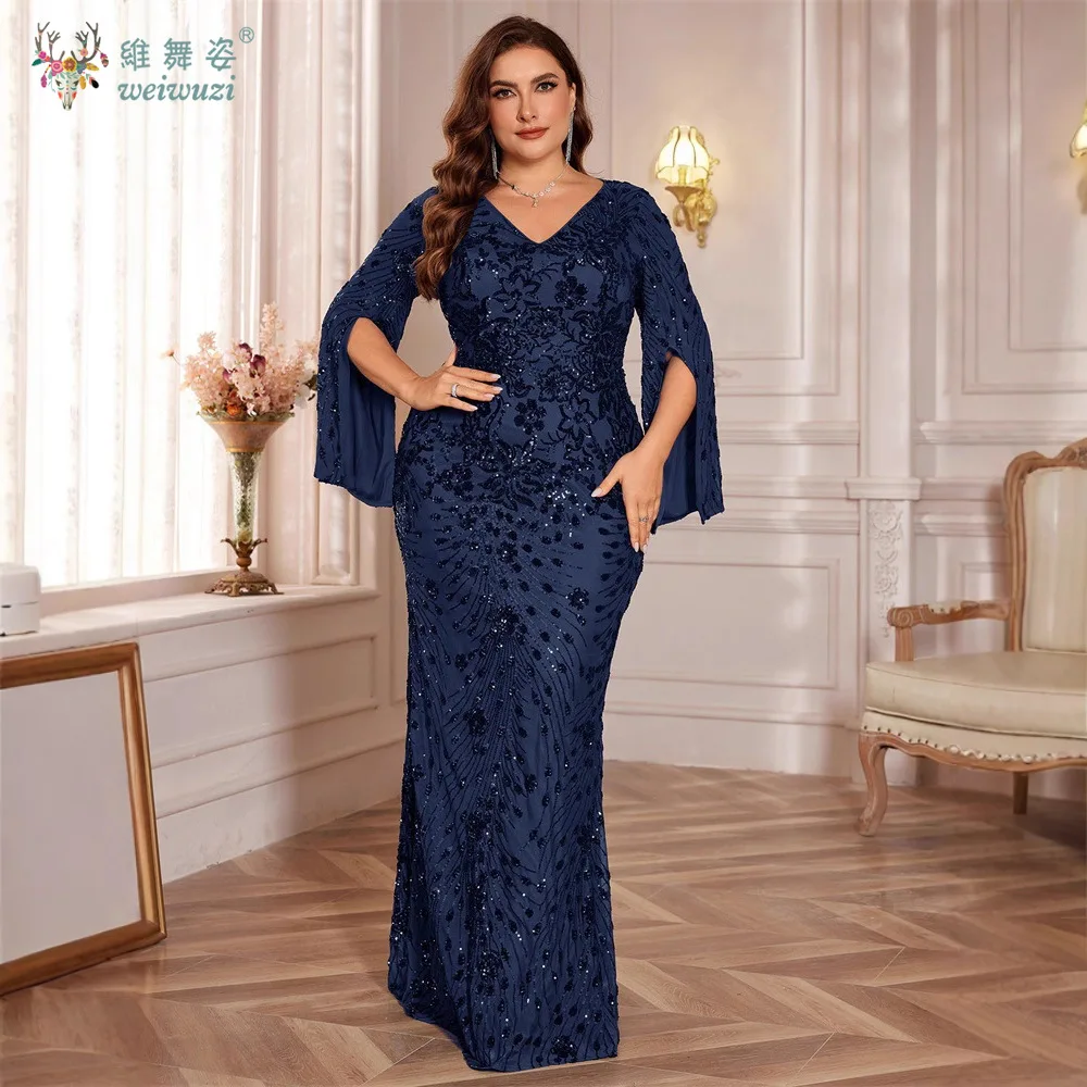 Outono vestidos de noite de luxo fenda manga longa plus size emagrecimento temperamento lantejoulas bordado cauda peixe saia vestido de noite