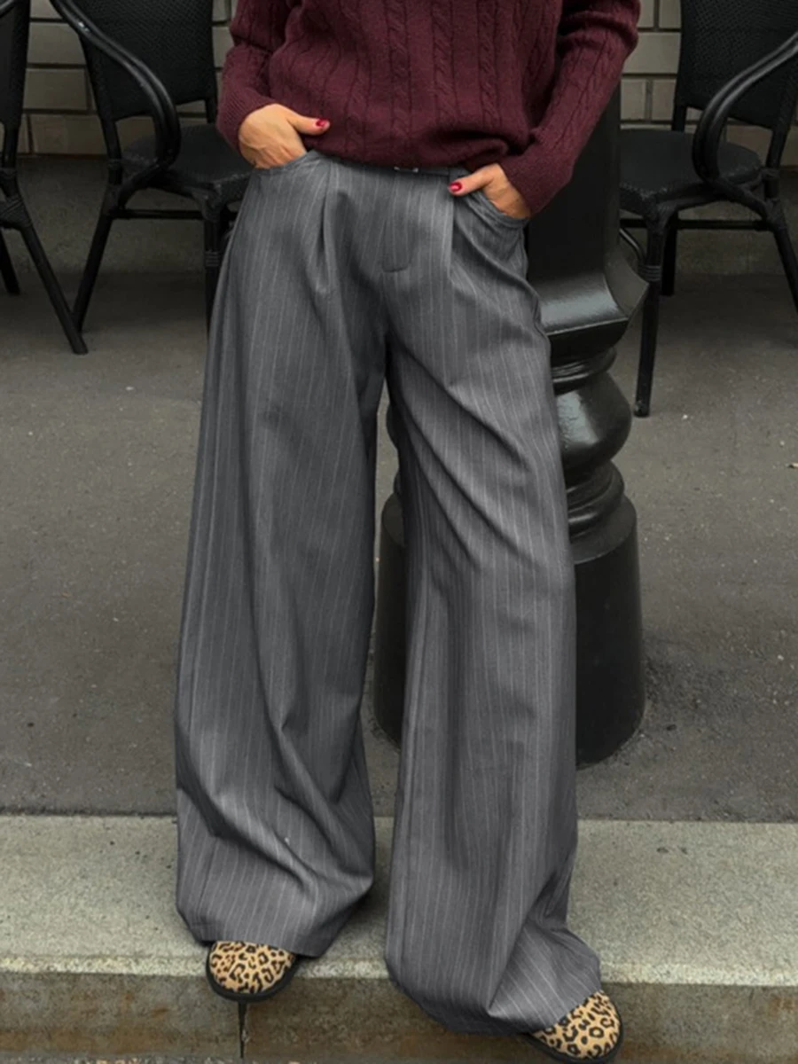 

Vintage Striped Baggy Suit Trouser Women High Waist Pleated Wide Leg Pants Summer New Streetwear Fashion Casual Straight Pant