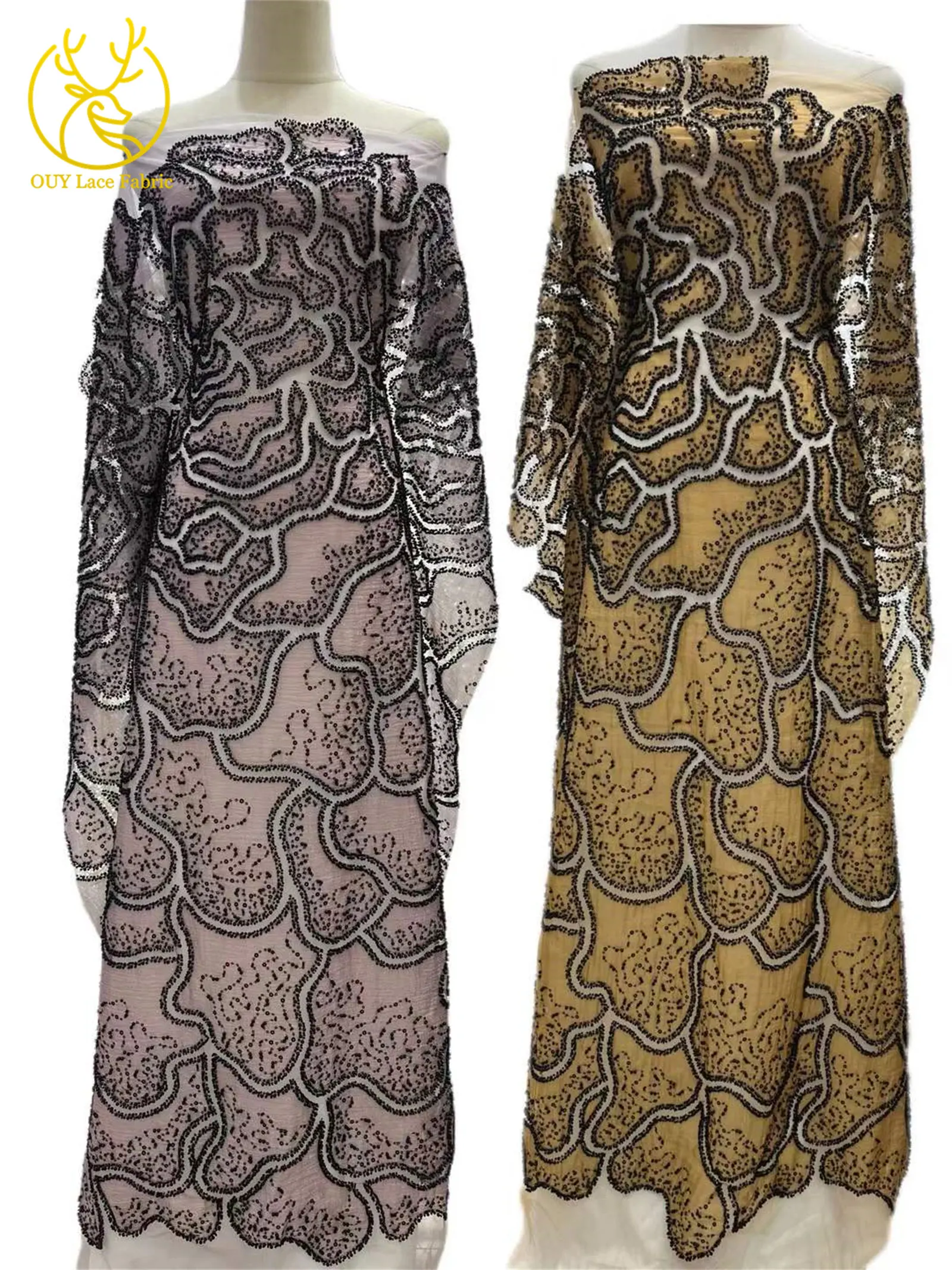 高級ナイジェリア産アフリカビーズレース生地2025高品質フランススパンコール刺繍レース生地、婦人服縫製用